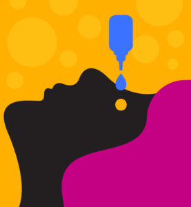 Woman puts drops in her eyes, treating dryness, inflammation and redness of eyes. Vector illustration