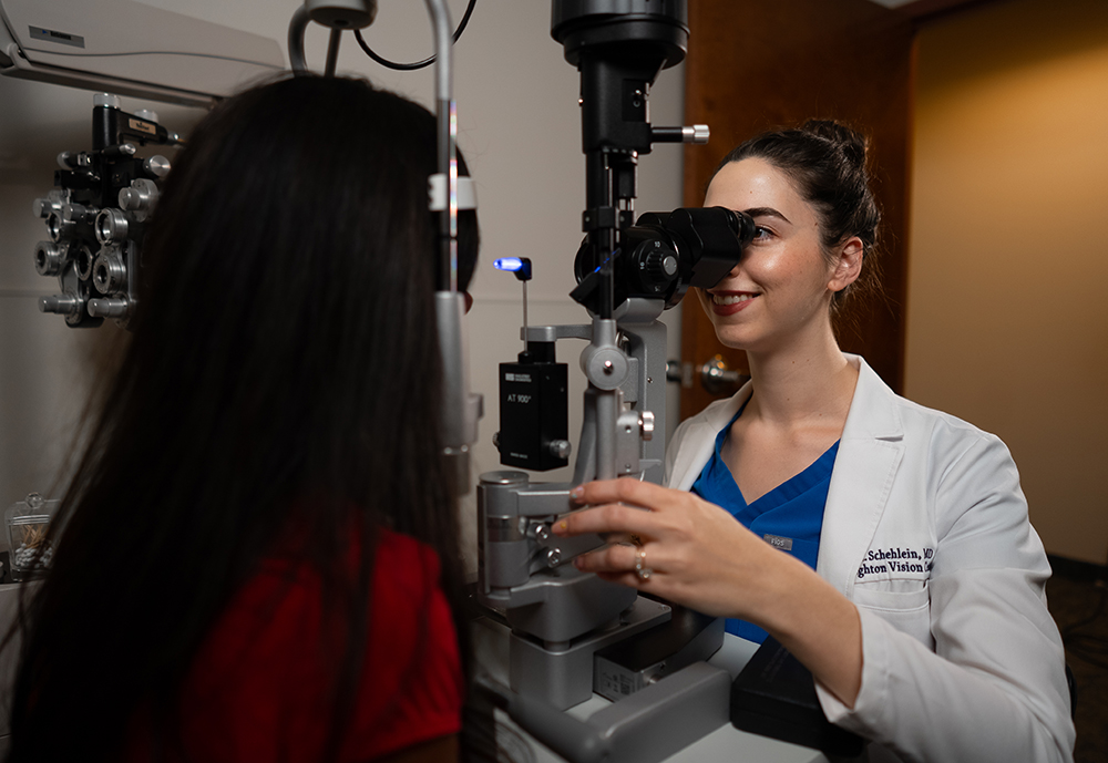 Dr. Schehlein checks IOP in a patient. In the short term, intravitreal injections can transiently elevate IOP. Some studies have also shown that sustained IOP elevation can occur. Source: Emily Schehlein, MD